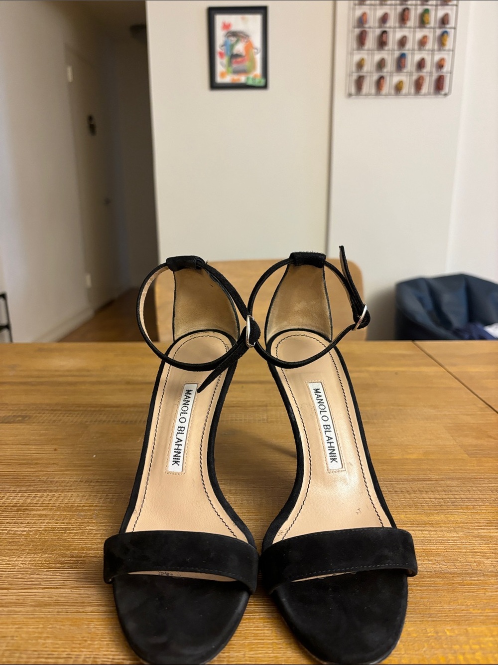 Manolo Blahnik Black Suede Open-Toe Ankle-Strap Heels